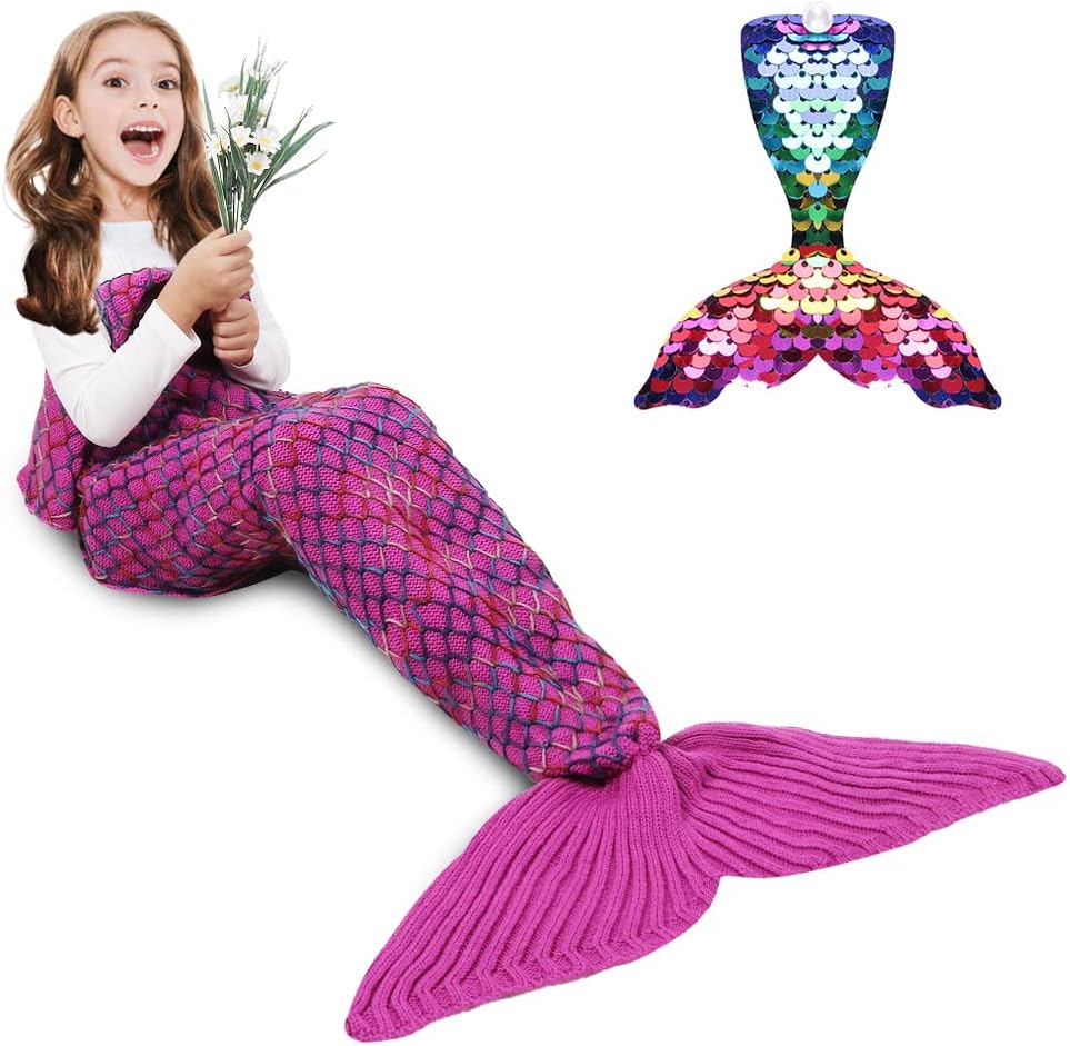AmyHomie Mermaid Tail Blanket, Soft Crochet Sleeping Bag Blanket for Kids Adults, Mermaid Gift for Girls(Rainbow,Kids)