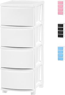 IRIS USA Plastic Drawer Storage Organizer, 4-Drawers, for Classroom Art Supplies Bathroom Dorm Bedroom Laundry Room, Slim Narrow, White Frame with Matte White Front Panels