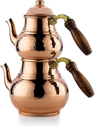 Juego de tetera turca de cobre para estufa, tetera doble de cobre hecha a mano con asas de madera y tapa de cobre, hervidor de té estilo Samovar de