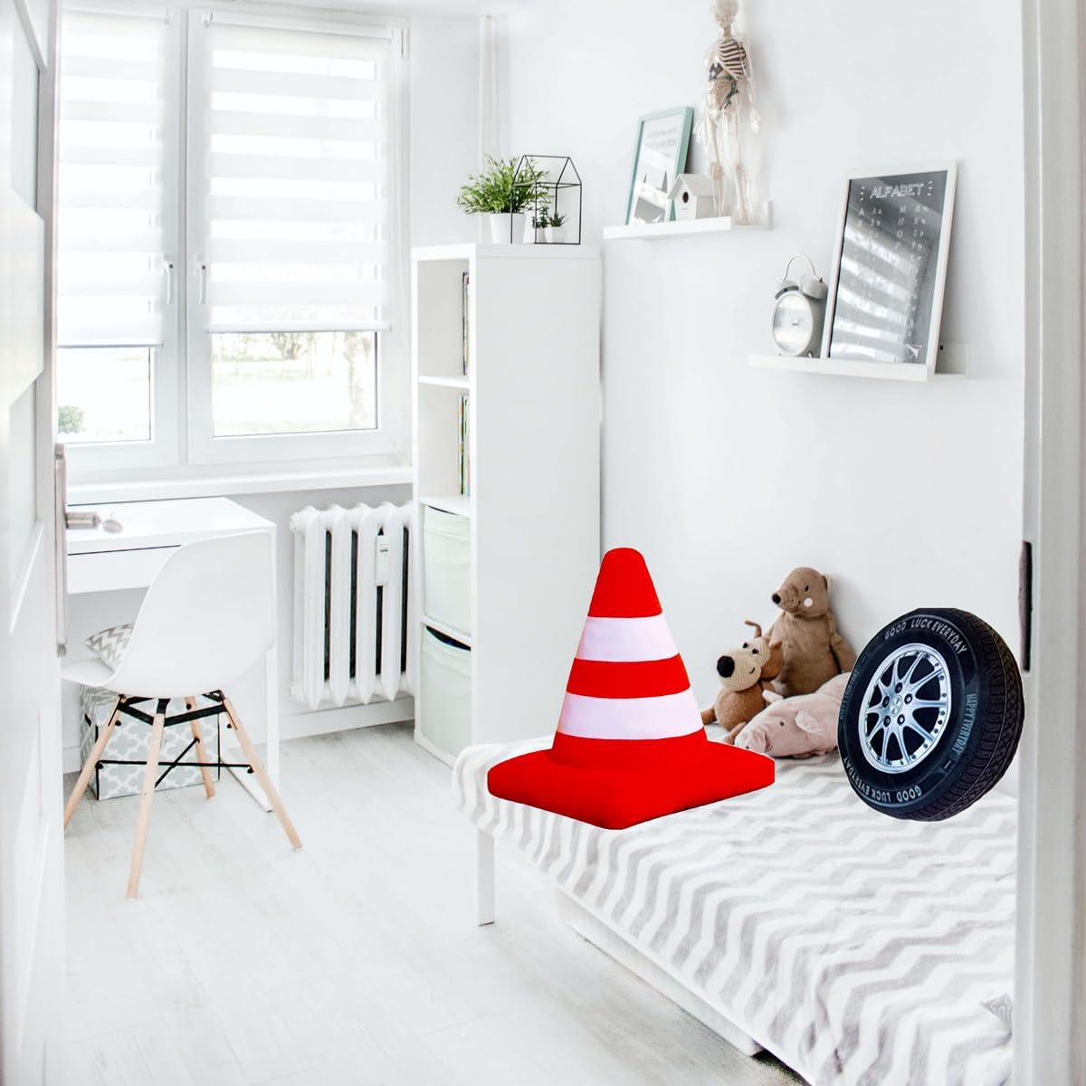 Creative Road Cone Plush Safety Traffic Pillow Soft 3D Simulation Wheel Tire Pillow Racing Room Traffic Cone Shaped Throw Pillow Cute Red Roadblock Plush Pillows for Car Home Decor (Cone++Wheel)
