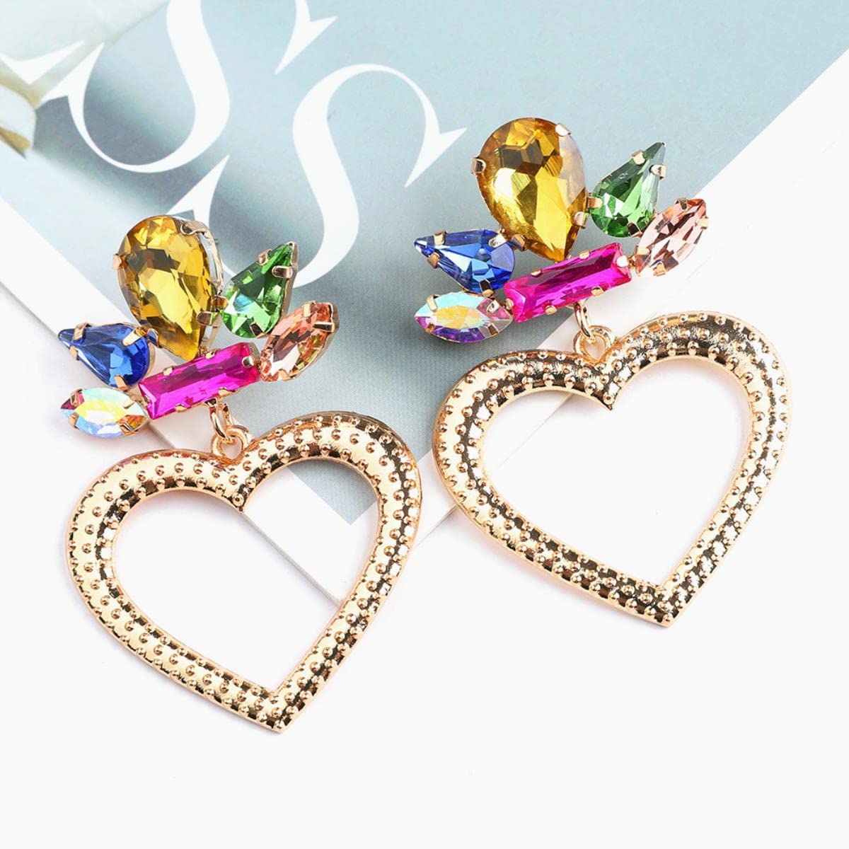 YAHOYA New Gold Color Heart Metal Pendant Earrings For Women Colorful Rhinestones Jewelry Drop Earring Popular Style Accessories