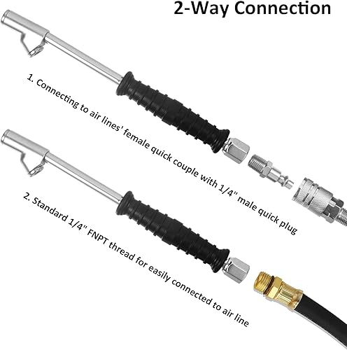 Miniatura 6 de Portabrocas neumáticas de doble cabezal FNPT de 14 para neumáticos, conexión de 2 vías de 9.4 pulgadas con mango de goma, portabrocas de neumáticos