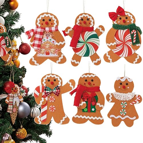 6 Piece Gingerbread Ornaments for Christmas Tree Decorations,Handmade Gingerbread Man Hanging Charms Decorative Hanging Ornaments Gingerbread Christmas Decorations Decor Xmas Party Decor (Candy)
