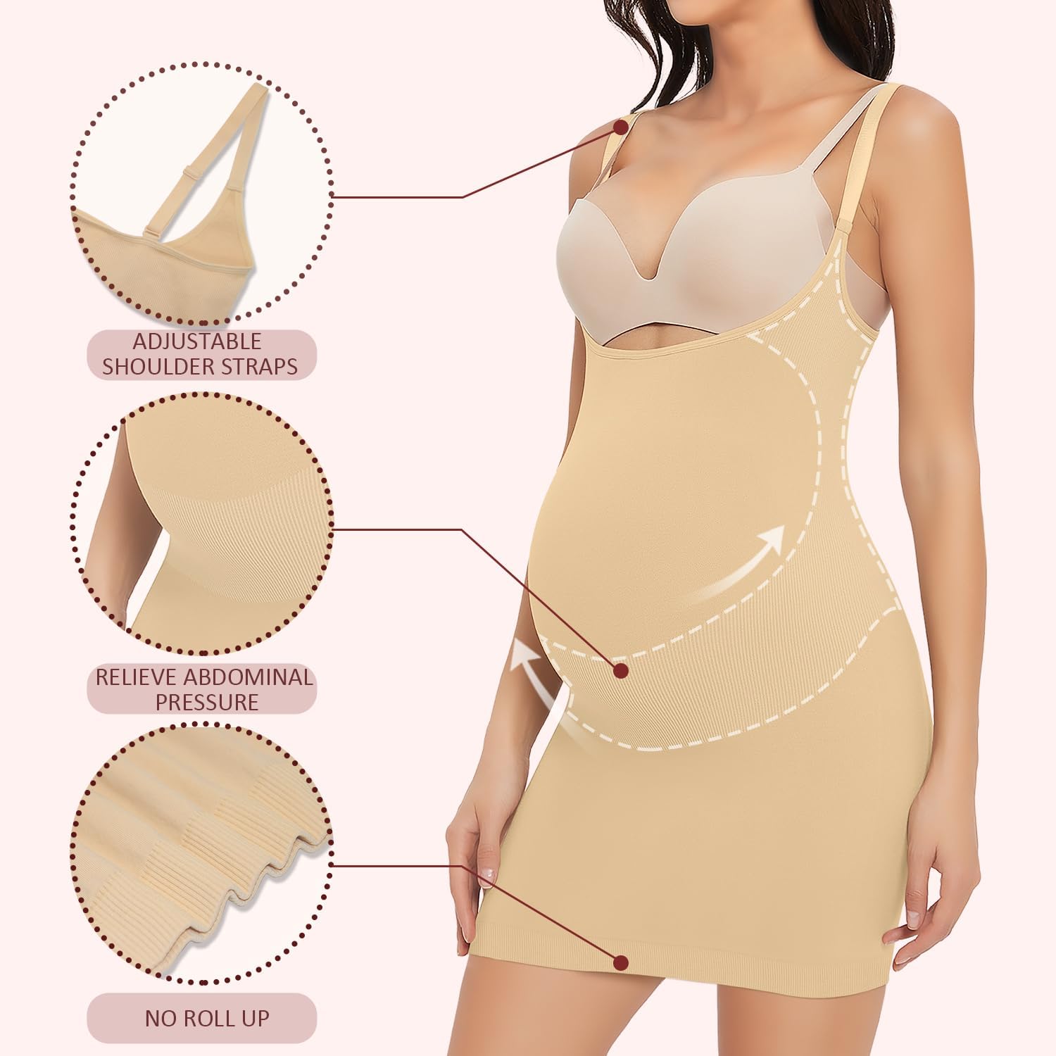 Women's Maternity Bustless Tank Top Belly Support, Pregnancy Adjustable Spaghetti Strap Bodycon Shapewear Slip Dress - Image 2