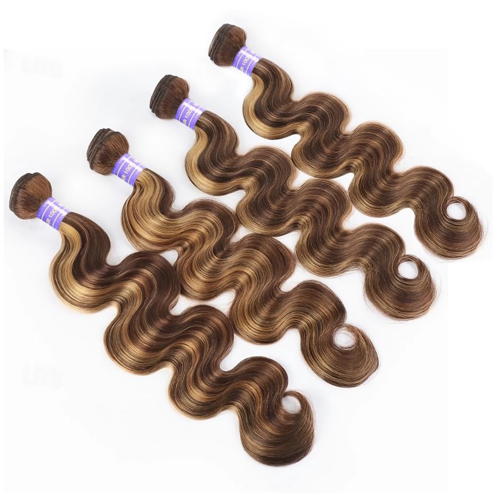 Highlight Human Hair Bundles Honey Blonde Body Wave 4 Bundles 18 20 22 24 Inches 100% Brazilian Virgin Hair Ombre 4/27 for Women Colored Human Hair Sew In Weave