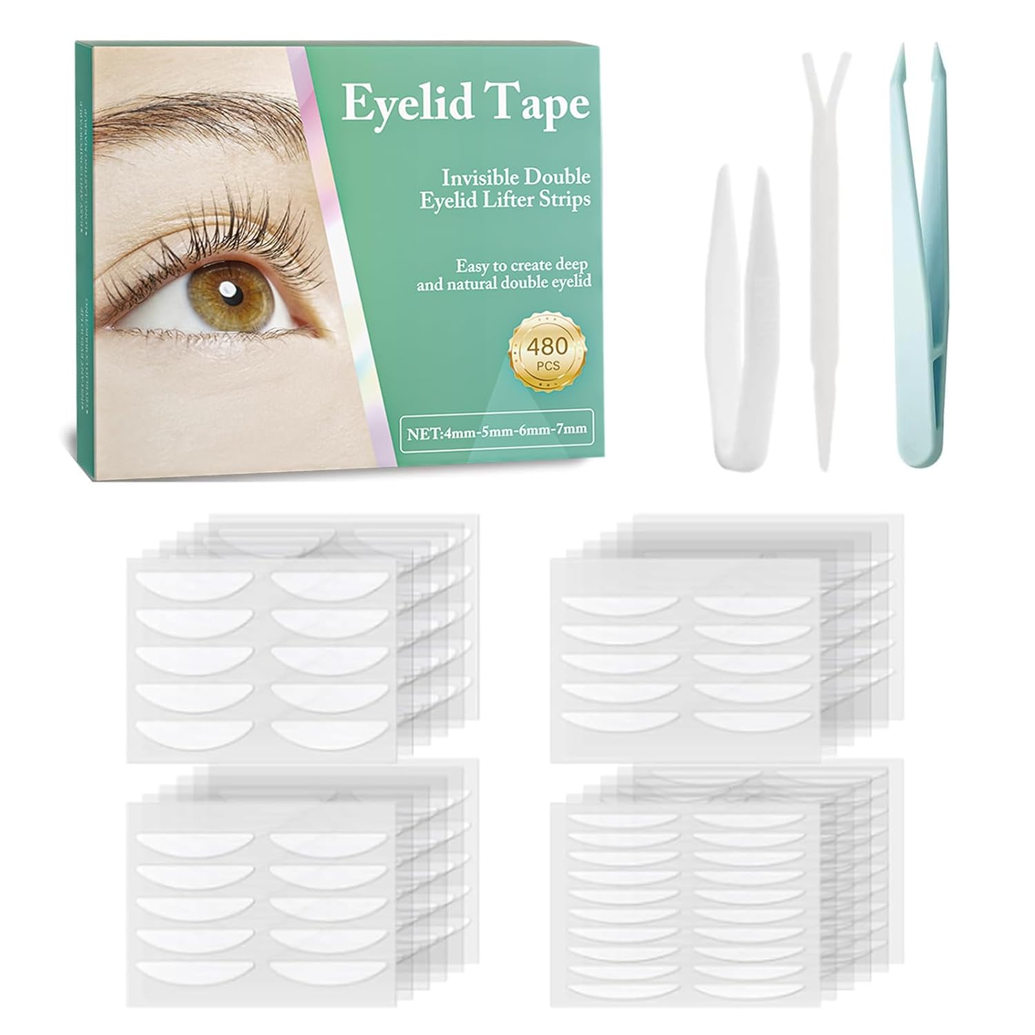 Eyelid Tape, 480PCS Eyelid Lifter Strips, Eyelid Tape for Hooded Eyes Invisible, Waterproof Double Eyelid Tape, Suitable for Uneven or Monolids, Instant Eye Lift Without Surgery