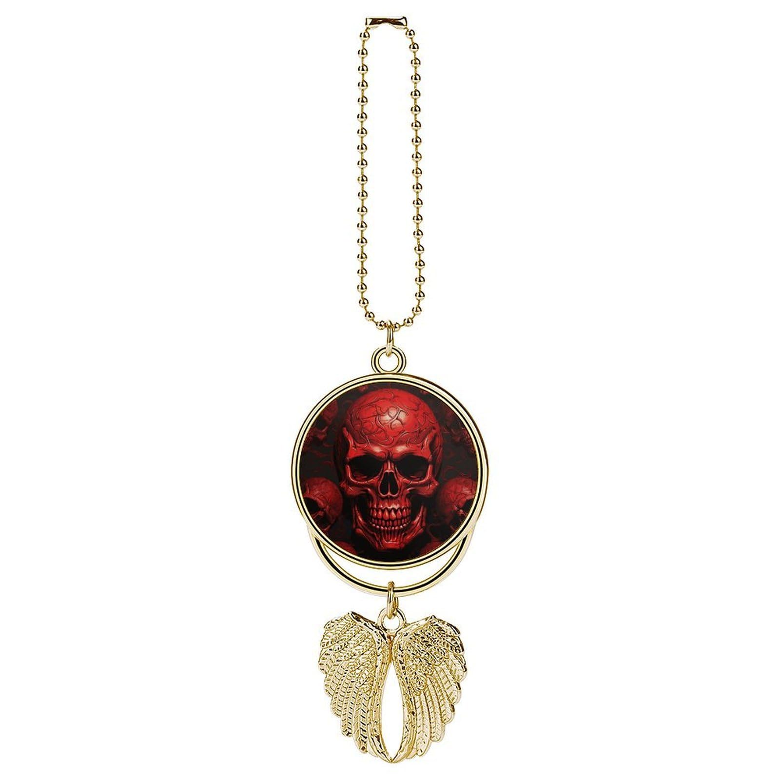 Red Skulls Guardian Angel Wing Car Ornament for Mirror, Zinc Alloy Hanging Charm with Spiritual Design for Protection, Rearview Mirror Accessory Decor Gift for Women Men(Golden)