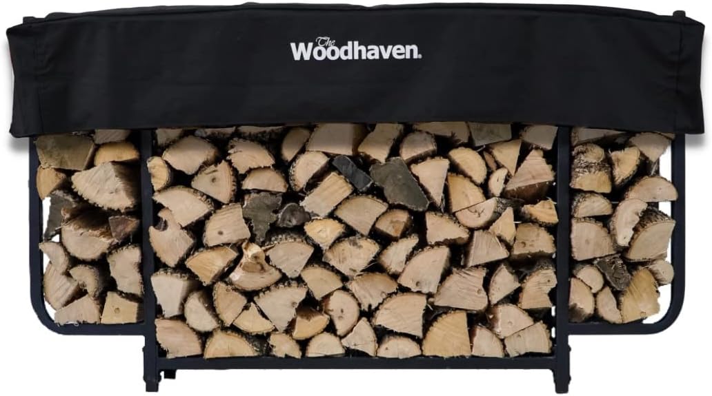 Woodhaven Black 6ft Courtyard Outdoor Firewood Rack With Cover - Heavy Duty Metal Log Holder - UV Stable Powder Coat Finish - Made In USA