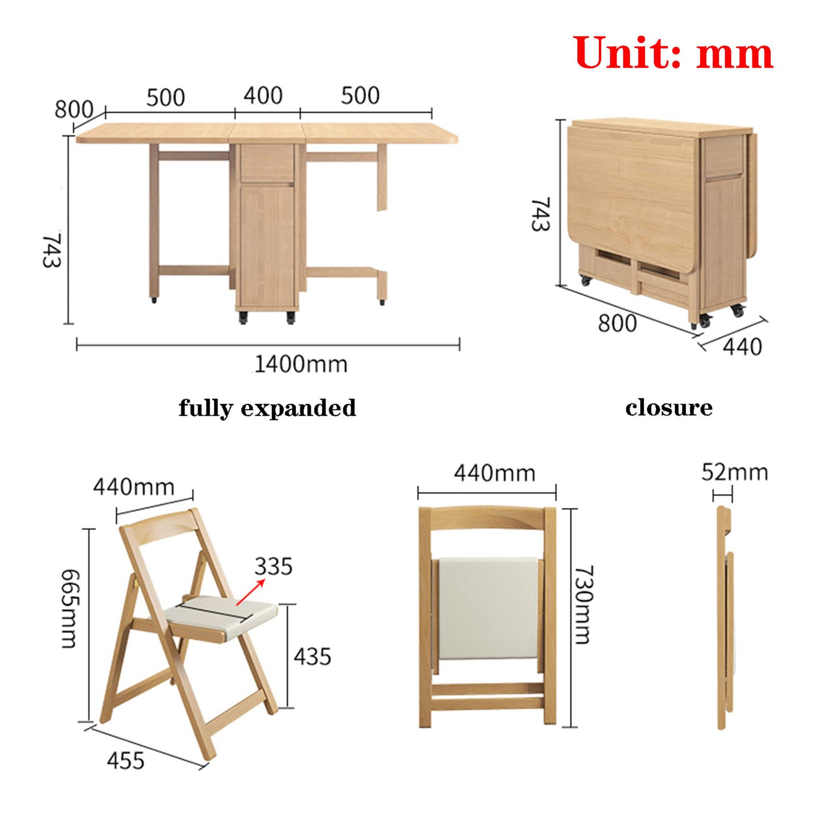Juego De Mesa De Comedor Plegable, Mesa De Comedor Extensible De Madera con 4 Sillas, Mesa De Hoja Abatible para Cocina Comedor Sala De Estar Restaurante-1.4m