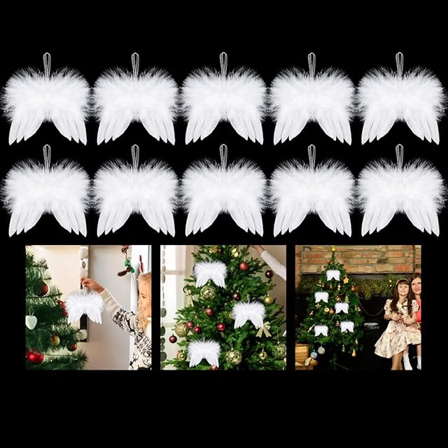 10PCS White Feather Angel Wings Angel Feather Wings Hanging Ornament Christmas Tree Decorations Gift for Christmas Party Wedding Decoration DIY Craft