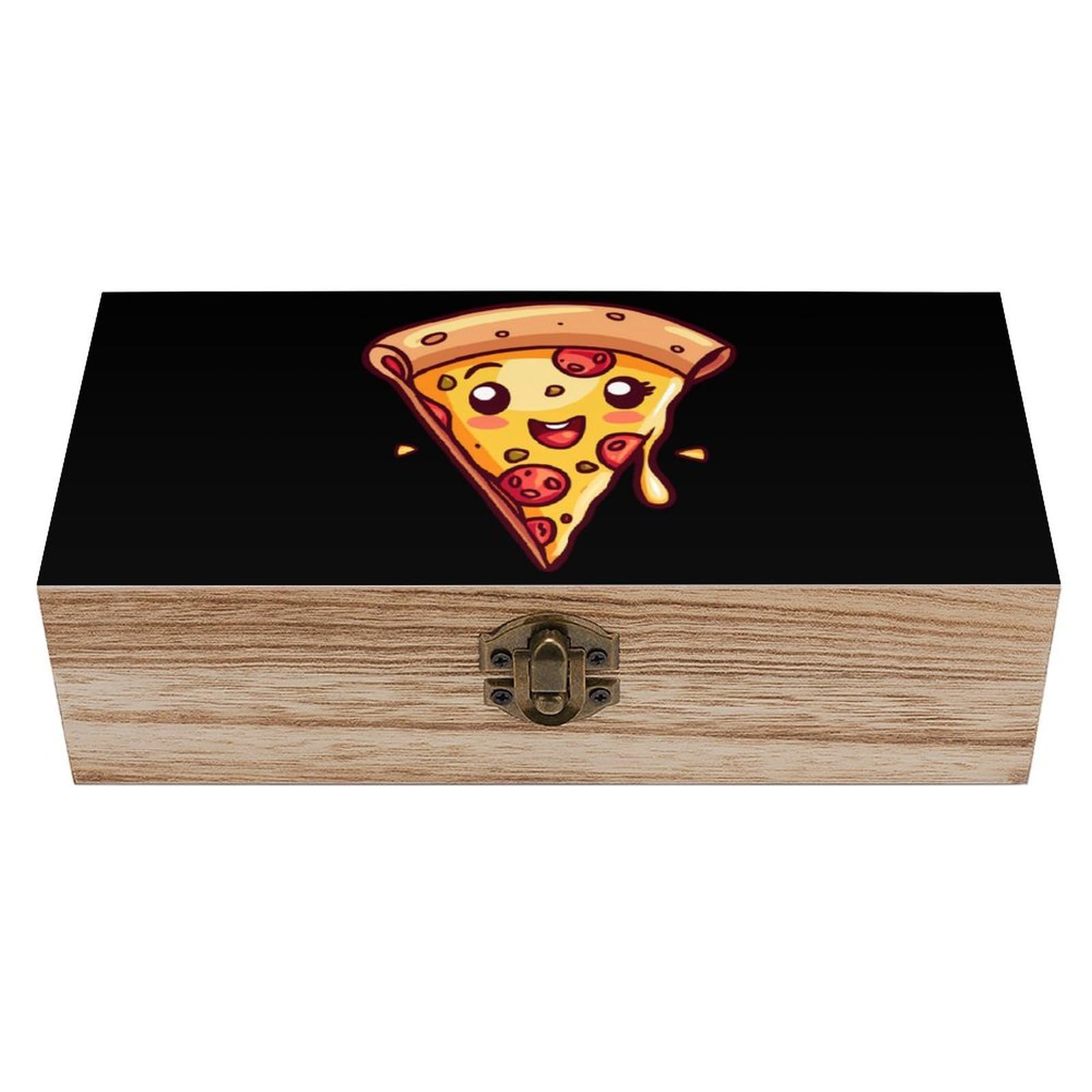 Cute Pizza Wooden Box with Hinged Lid Decorative Storage Case Container