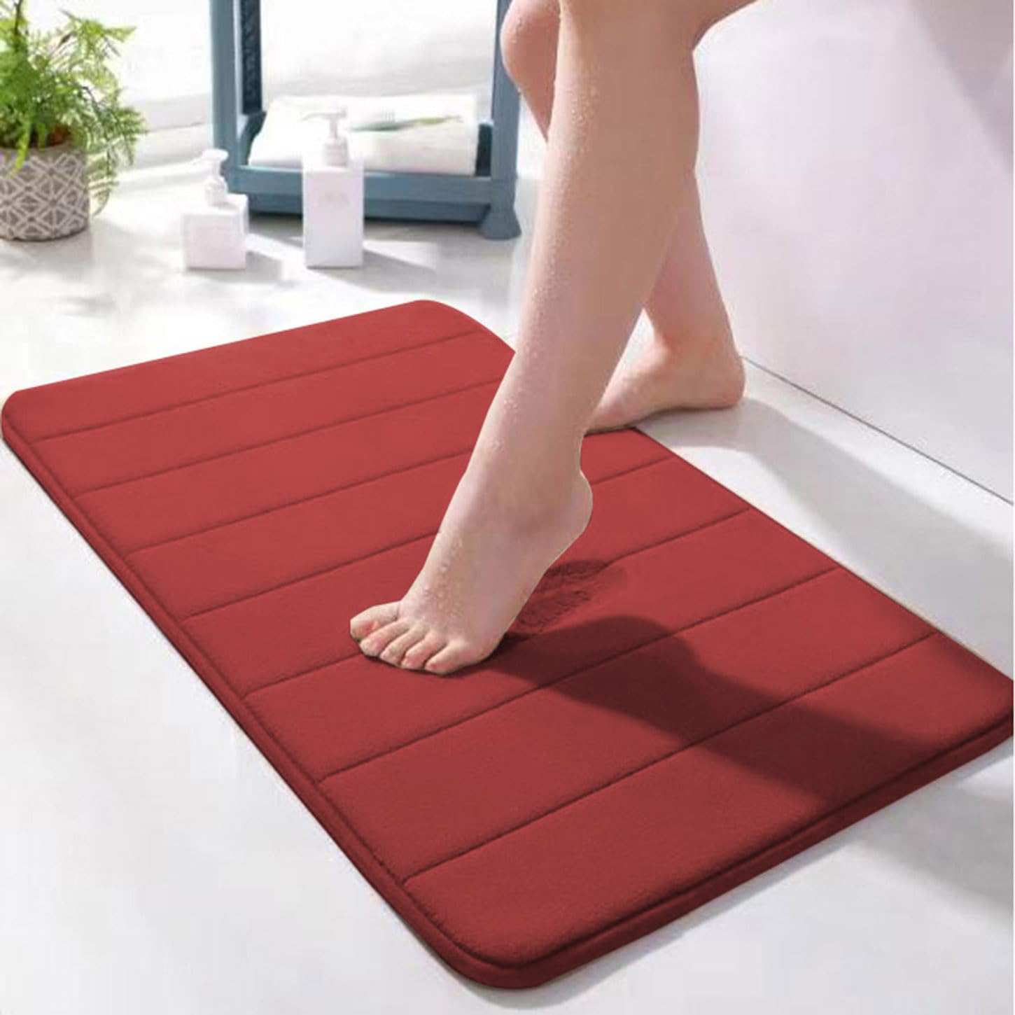 Ultraweicher Memory Foam Badteppich Hoch Badezimmerteppich Rutschfeste Bodenmatte für Küche & Bad Waschbar 120x160cm Rot