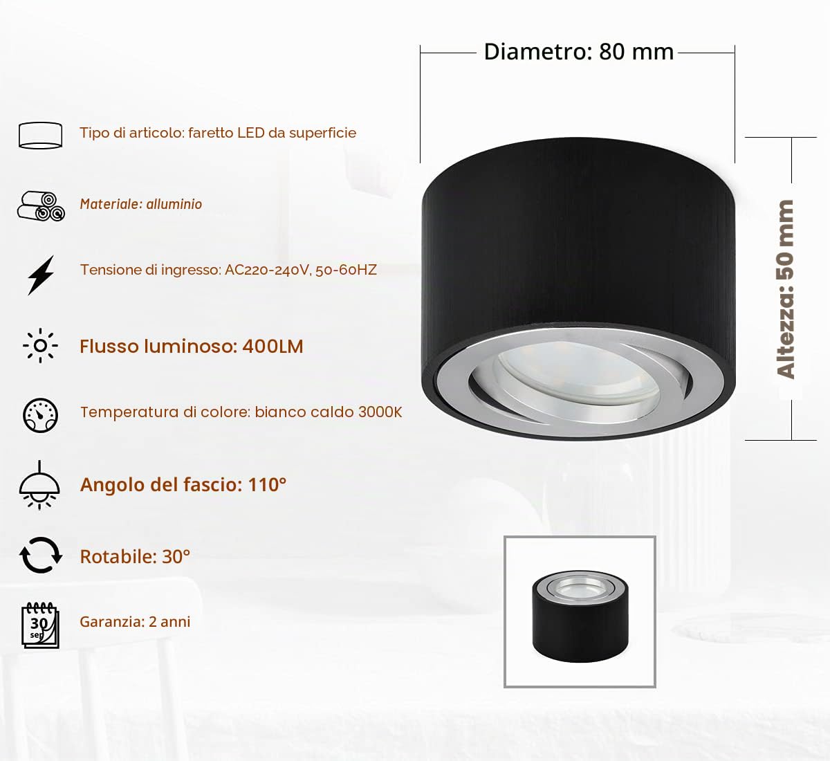 KYOTECH Faretto LED da incasso piatto, 230 V, orientabile, Ø 80 x 50 mm, con modulo LED da 5 W, luce bianca calda, 3000 K, 400 lm, LED da incasso, rotondo, nero spazzolato, set da 4 pezzi