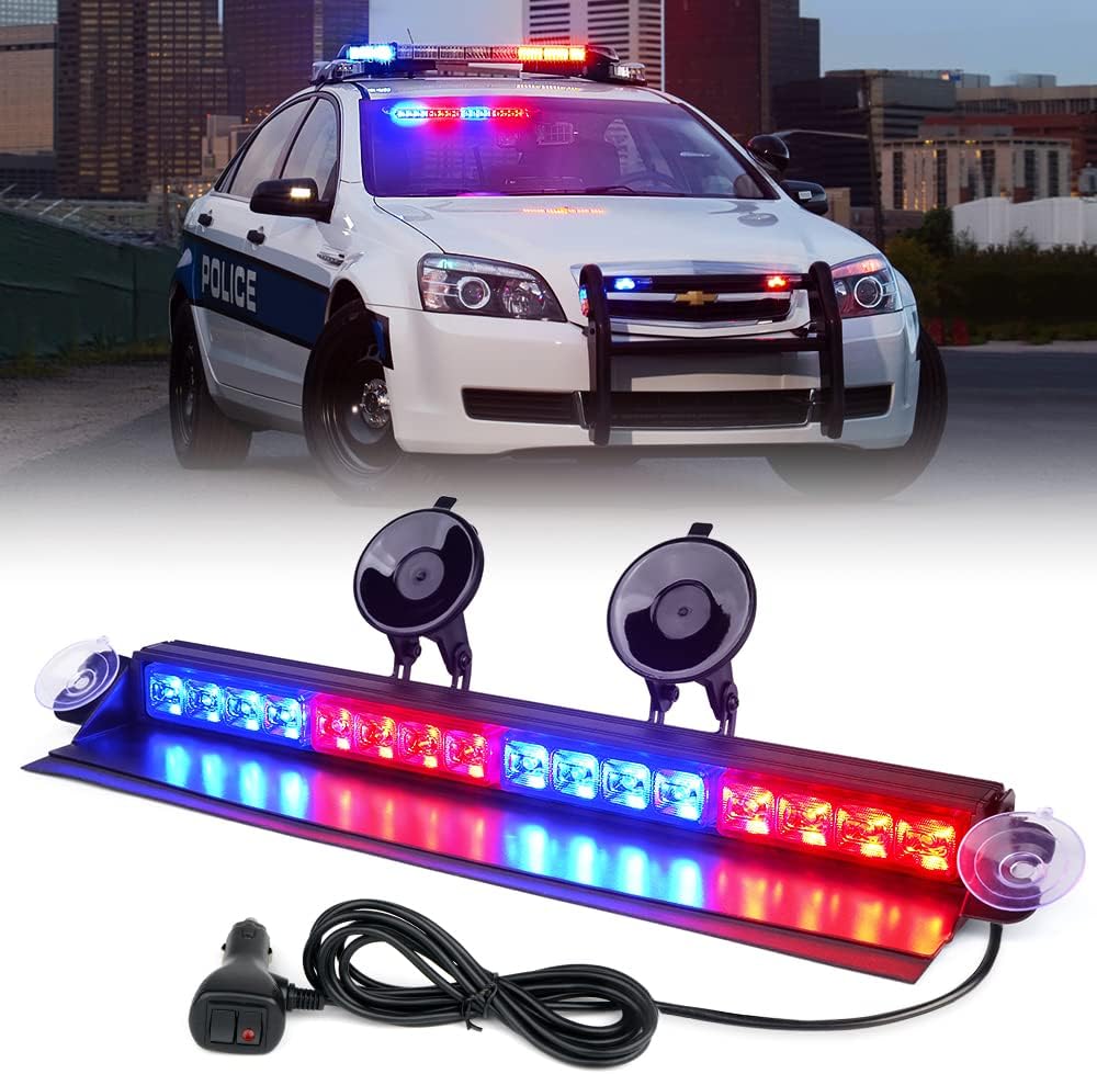 Xprite Windshield Dash Strobe Light Bar Aluminum w/Suction Cups, Deck Visor Hazard Warning Police Federal Signal Flashing Lights for Emergency POV Vehicles Volunteer Firefighter Trucks - Red&Blue