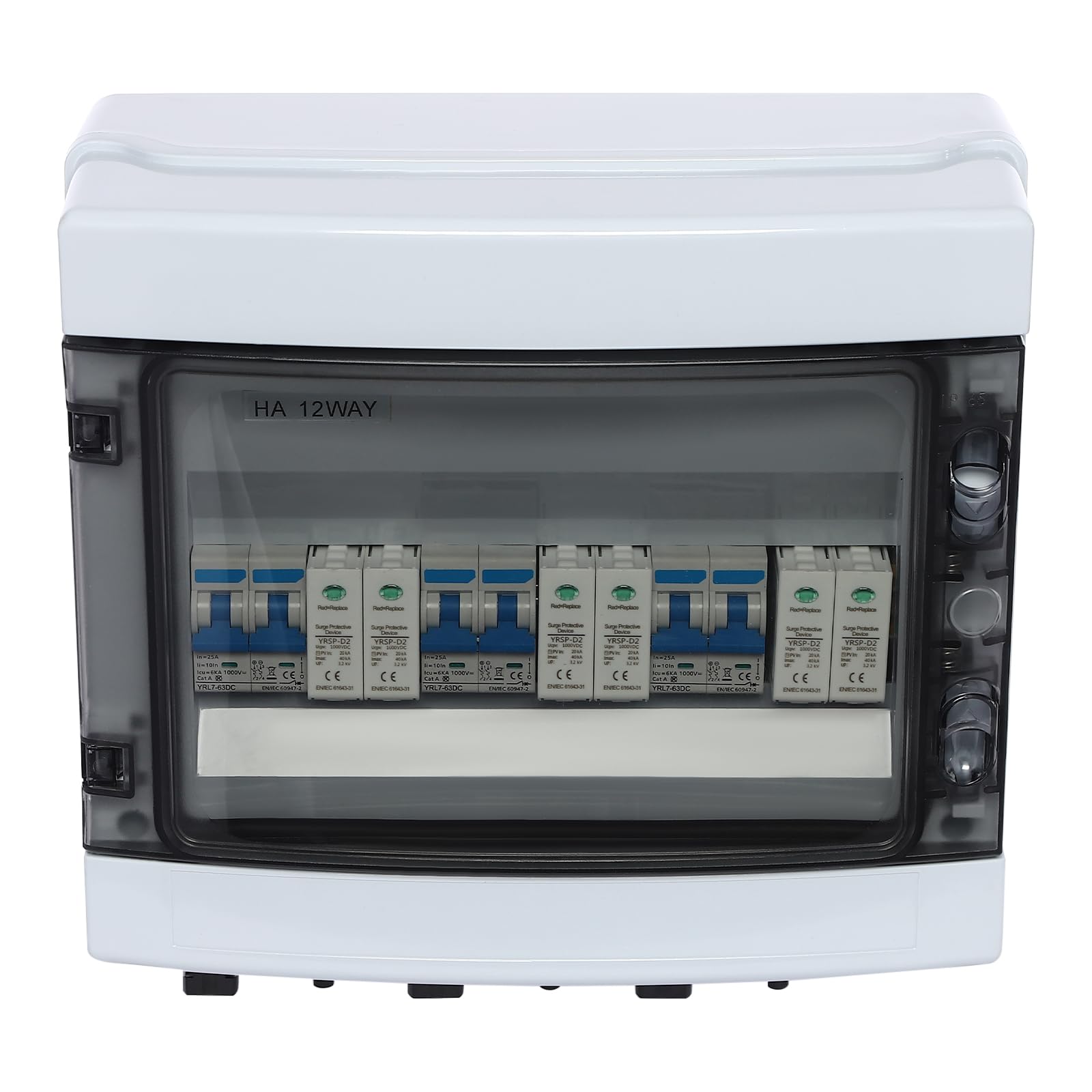 25A Solar Combiner Box Disyuntor Caja de combinación con DC Protección contra sobretensiones Tipo de protección IP65 Ik10 para autocaravanas sistemas independientes de red módulos solares Interruptor