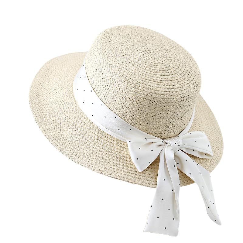Sombrero de Paja de ala Ancha y Plana para Mujer,Ligero,con Lazo de Lunares de Satén,Transpirable,Resistente A Los Rayos UV,para Playa,para Caminar y Viajar