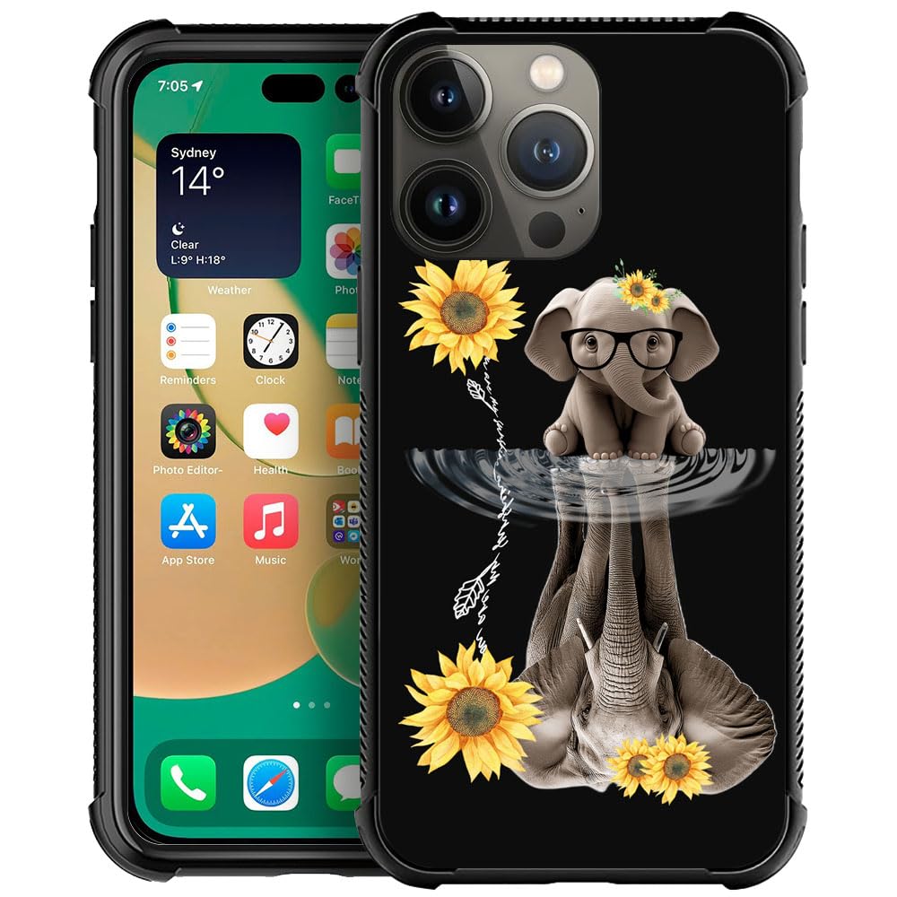 CARLOCA Compatible with iPhone 14 Plus Case,Sunflower Elephant Graphic Design Shockproof Anti-Scratch Drop Protection Case for iPhone 14 Plus
