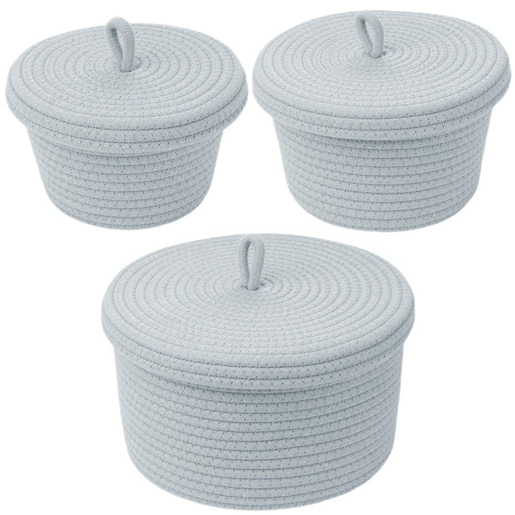 Danlai Grey Round Cotton Rope Storage Basket With Lid 3Pcs/Set Woven Storage Bin Dust-Proof Storage Container Storage Basket For Home