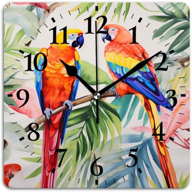 Quartz Wall Clocks Non-Ticking Silent Battery Operated Modern Wall Clocks Decorative for Home,Bedroom-Watercolor Painting of Beautiful Tropical Parrots(14inch)