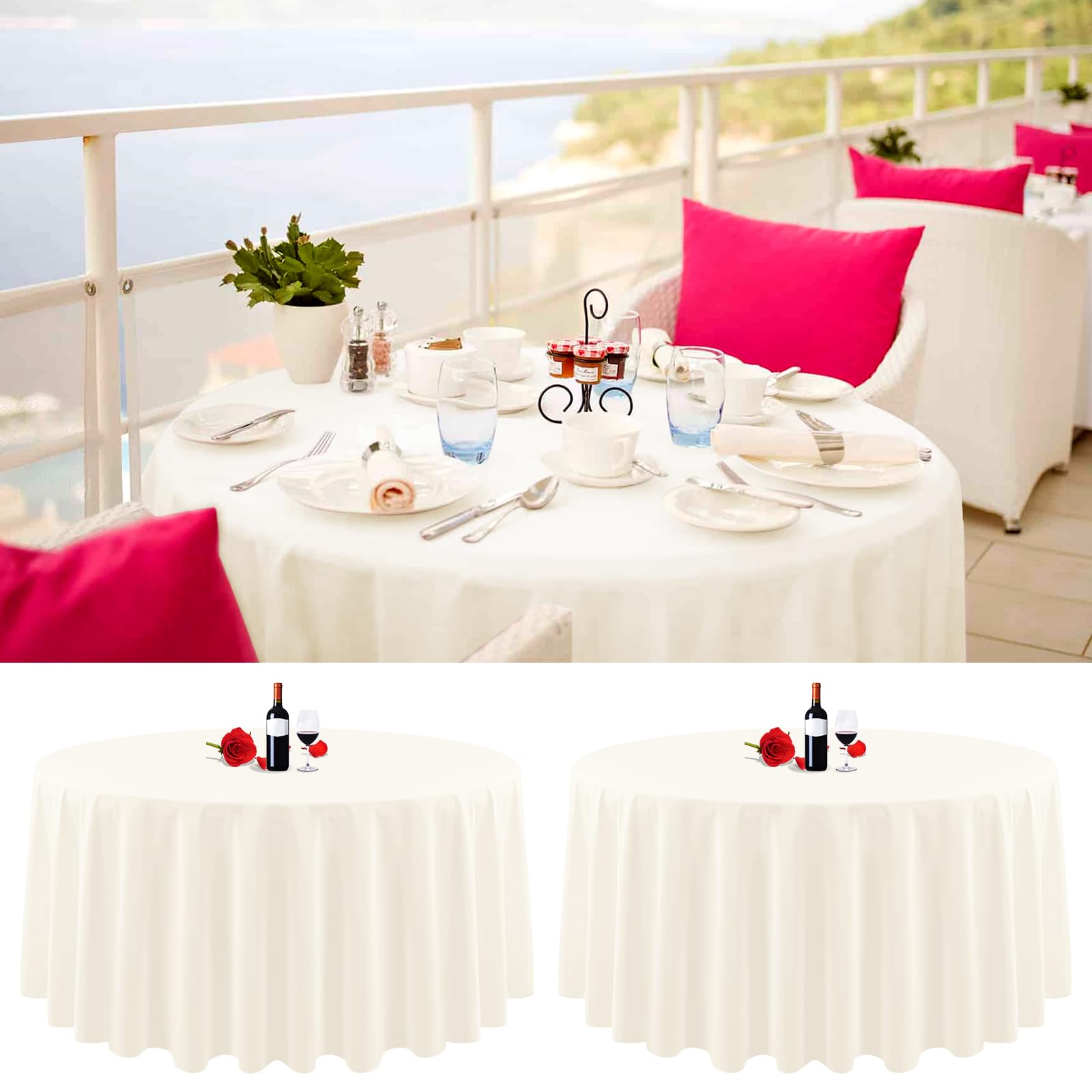 2er-Pack runde Tischdecken, 229 cm, elfenbeinfarben, runde Tischdecke, knitterfrei, waschbar, elfenbeinfarbene Tischdecken, Polyester-Stoff-Tischdecke für Hochzeit, Party, Restaurant, Buffettisch