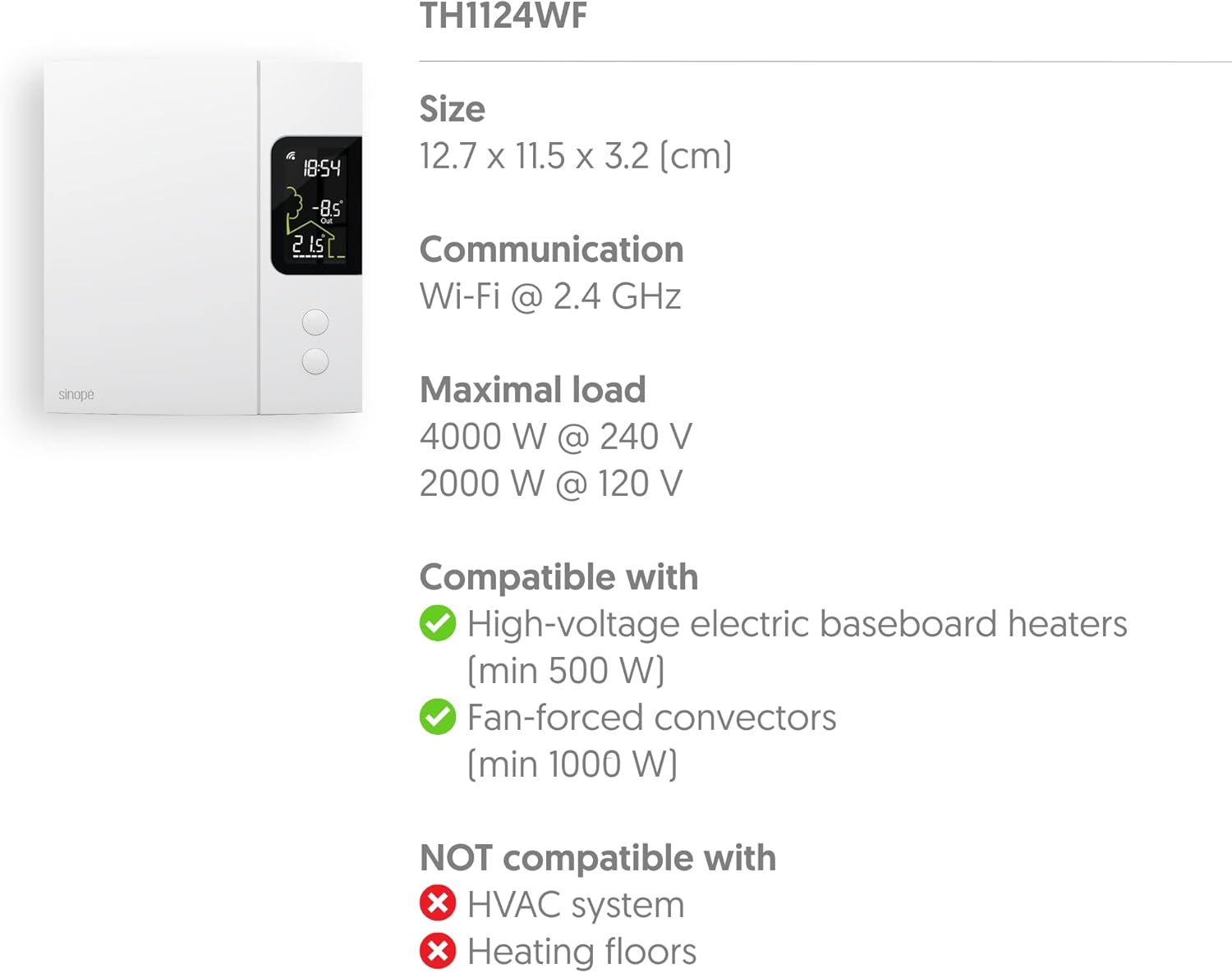 Diagram showing the size, communication, maximal load, and compatibility of the TH1124WF thermostat.