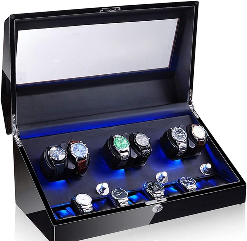 FENOKD Automatic Watch Winder 6+10 Storages Box Case with Quiet Motor and Wood Shell, Battery Powered Or AC Adapter,5 Rotation Modes