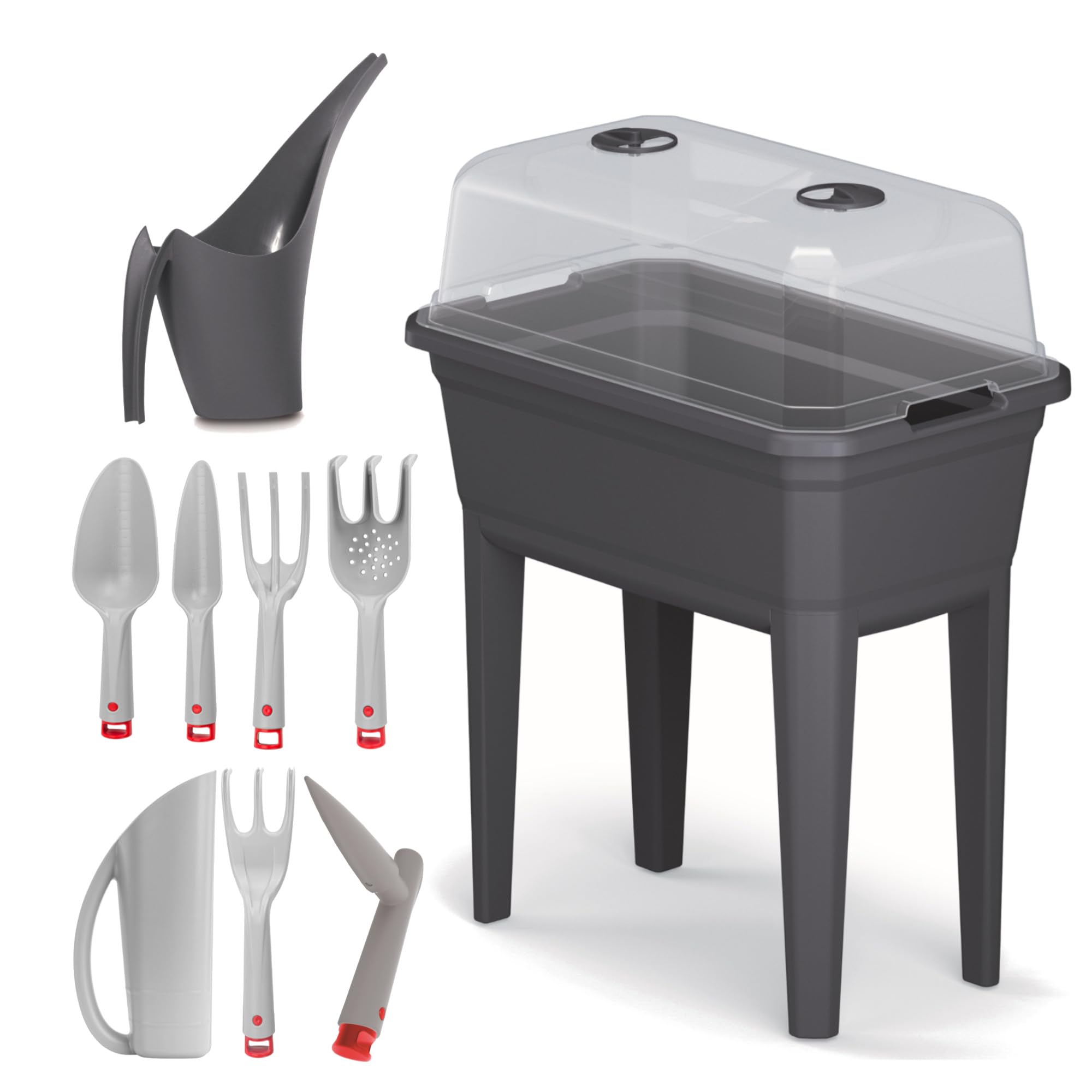 Set di 9 mini vasi per serra Planter antracite 59,6 x 75,3 cm + annaffiatoio giraffa piccolo 1,5 l + attrezzi da giardino, 7 attrezzi da giardinaggio, attrezzi da giardinaggio, fioriera con coperchio