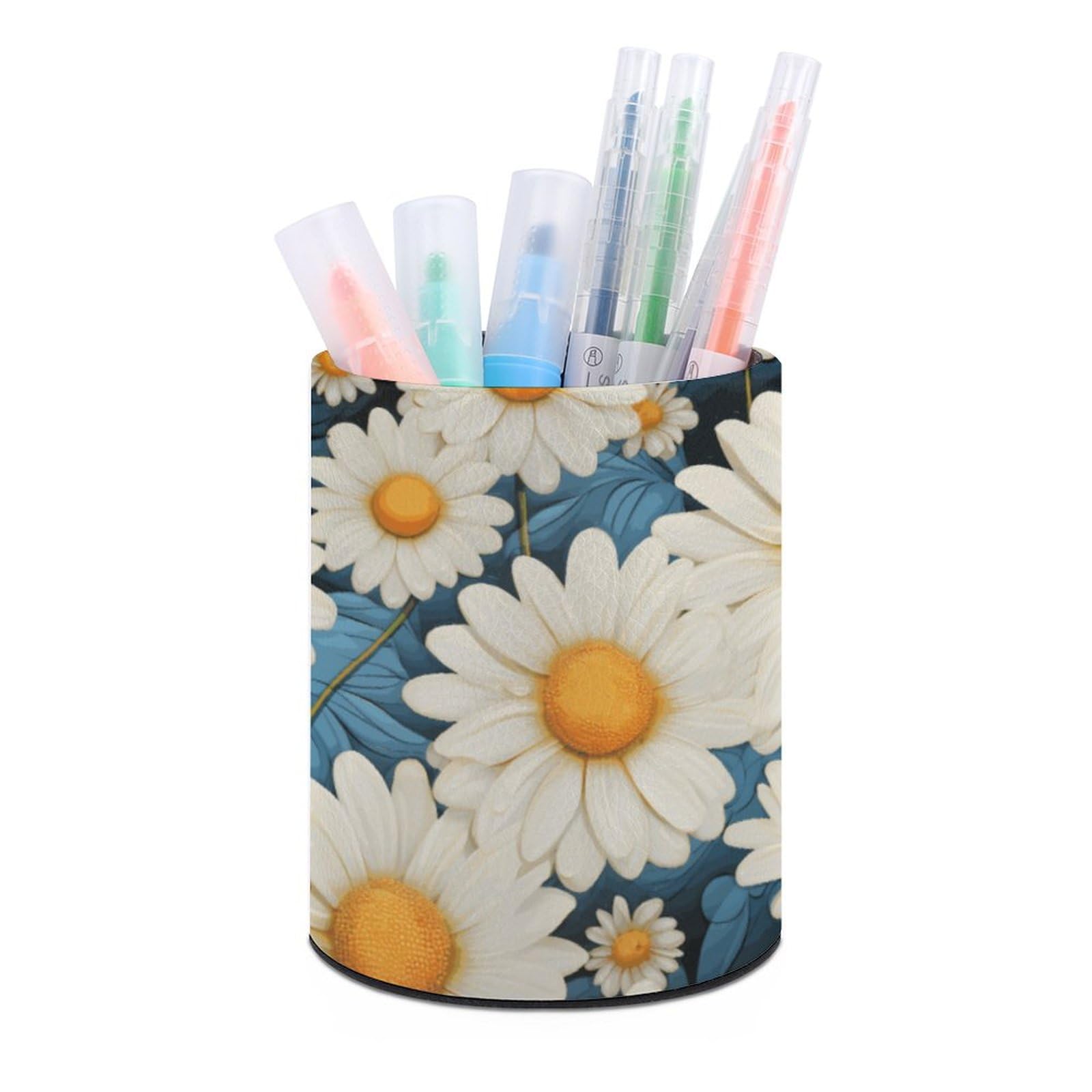 KLOPH PU Leather Pen Holder for Desk, Aesthetic Pencil Cup for Desktop, Makeup Brush Srotage for PenOrganizer Office Supplies, Daisy Pen Cup Pencil Caddy for Home Art Supply