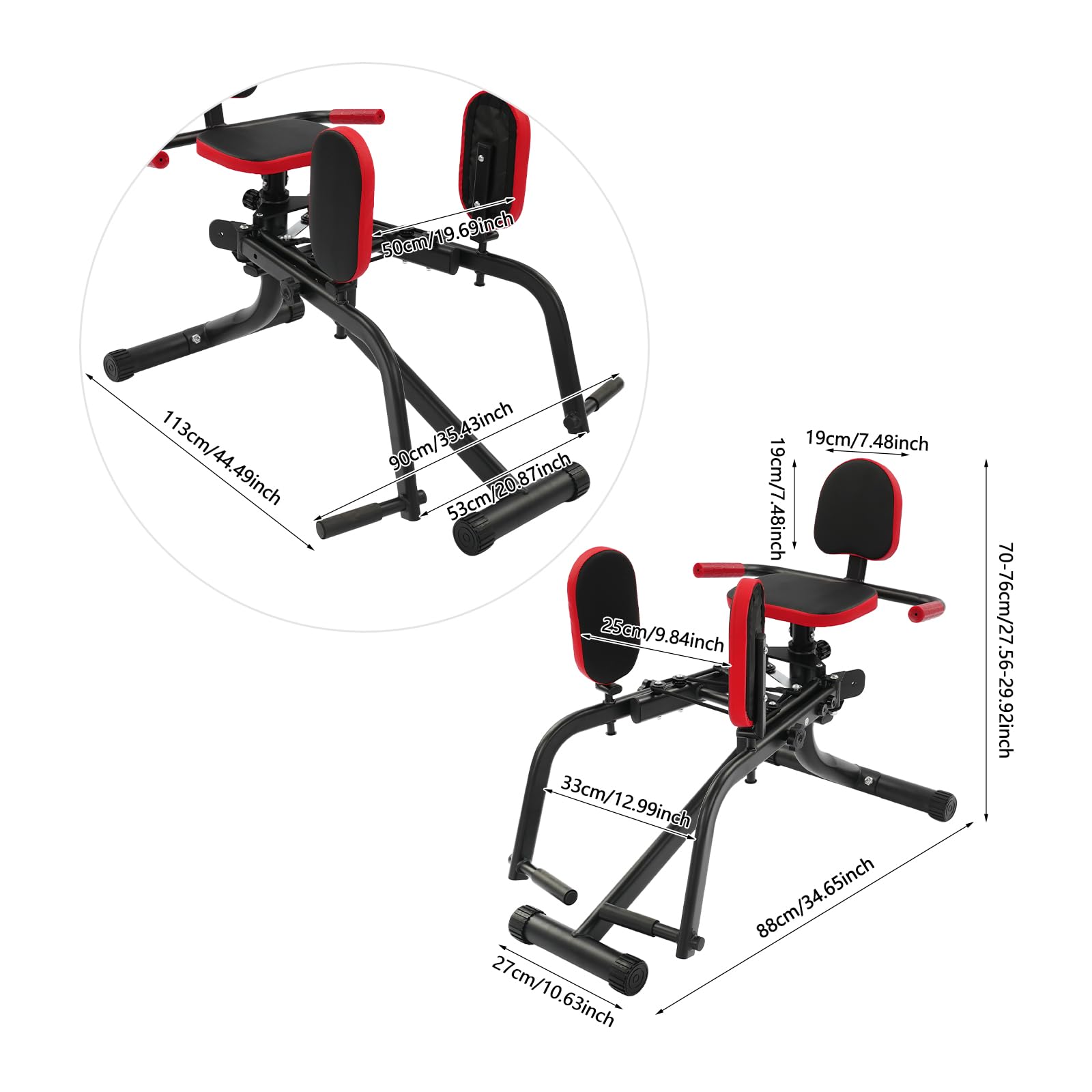 Abduktoren und Adduktoren Trainer, 2 in 1 Hüfttrainer für Zuhause | 70 bis 76 cm höhenverstellbar, Stahlrahmen, Sitz und Rückenlehne gepolstert, 88 x 27 cm, Home Gym