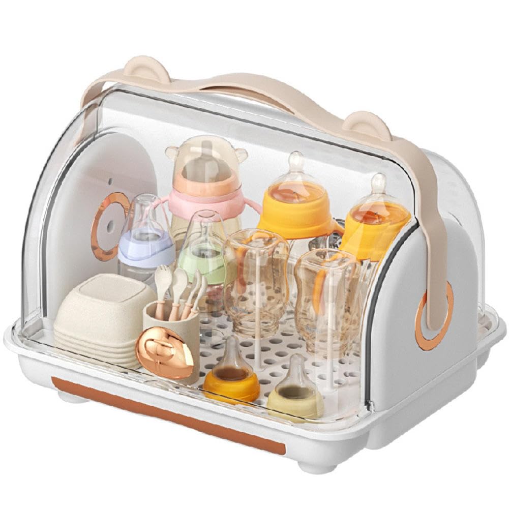 Portable Baby Bottle Drying Rack with Cover, Upright Design, Carrying Handle & Draining Tray, Efficient Space Saving Solution for Bottles, Cups, and Saucers