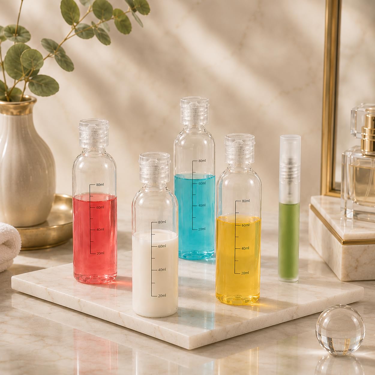 Set Borsa da Toilette Trasparente e Bottigliette da Viaggio per Aereo,4 PCS flaconi da viaggio aereo 100ml & flacone spray vuoto da viaggio, Contenitori Liquidi bottiglie per Shampoo Lozione Cosmetici