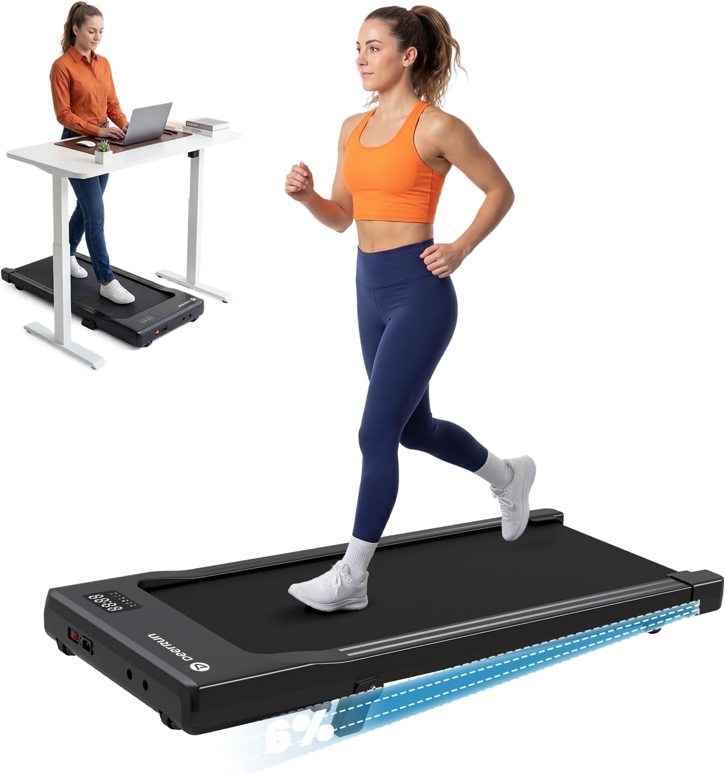 DeerRun Walking Pad Treadmill with 6% Incline, Under Desk Treadmills for Home Office, 2.5 HP Mini Portable Walking Pad, 300 Lbs Capacity, App & Remote Control for Small Spaces