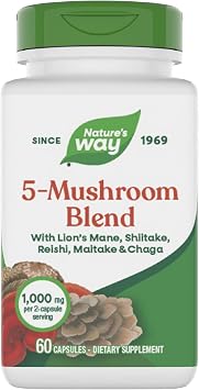 Natures Way 5-Mushroom Blend, with Lions Mane, Shiitake, Reishi, Maitake, Chaga Mushroom, 60 Vegan Capsules
