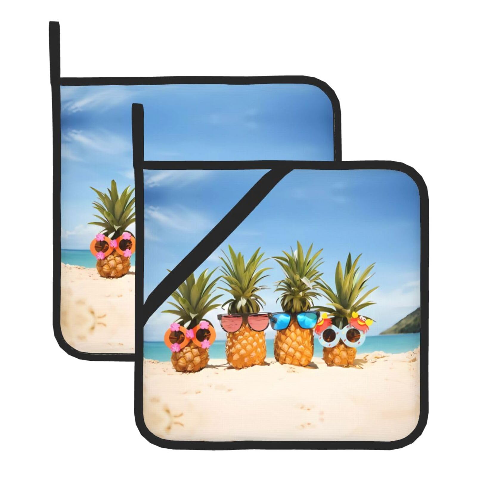 WHJSSF Ocean Beach Pineapples Prints Square Pot Holders - Heat Resistant Kitchen Trivets 2-Pack - Waterproof Covers for Hot Dishes, Oven & Grill with Hanging Loop