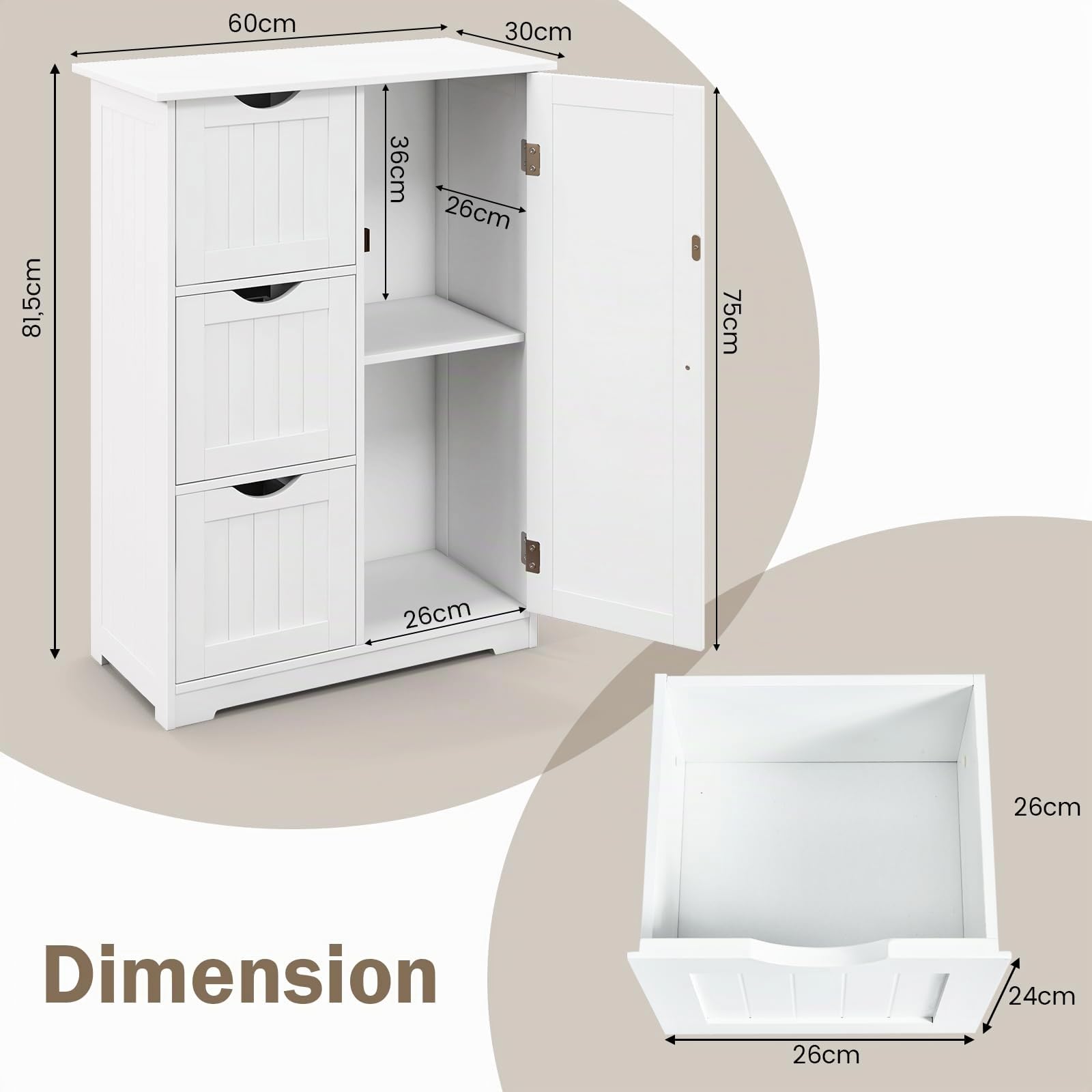 GOPLUS Meuble de Salle de Bain avec 3 Tiroirs, Meuble Rangement Placard avec Porte Magnétique, Anti-Basculement & Étagère Réglable, 58x28x81cm, Blanc