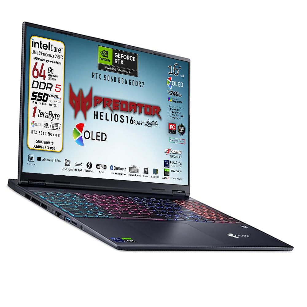 Acer Predator Helios Neo 16s AI Notebook Gaming Intel Ultra 9-275X | 24core, RAM DDR5 64GB, SSD 1TB, Display 16" OLED 240Hz DCI-P3 100%, GeForce RTX 5060 8GB, Win 11, Preconfigurato