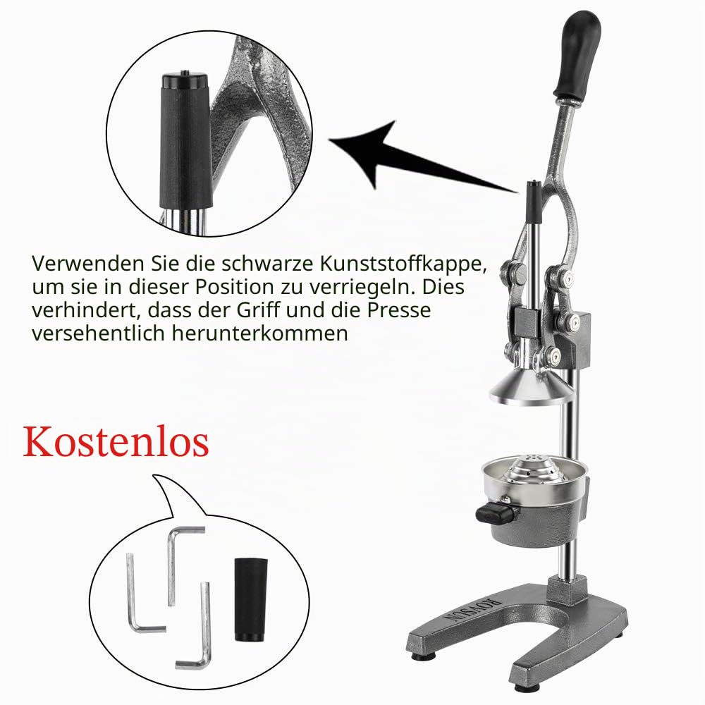 ROVSUN Saftpresse Manuell Edelstahl, Zitronenpresse Manuell, Entsafter Obstpresse, Zitruspresse, Apfelpresse, Orangenpresse 18x22x37 cm Grau