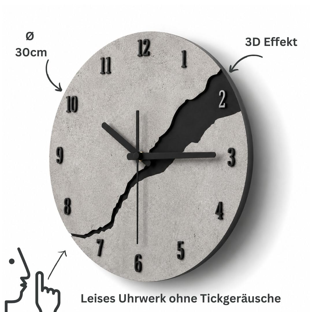 Wanduhr 30cm Grau Betonoptik mit Riss-Design – Moderne leise Design-Uhr ohne Ticken für Wohnzimmer, Küche, Büro & Schlafzimmer im Industrial Look