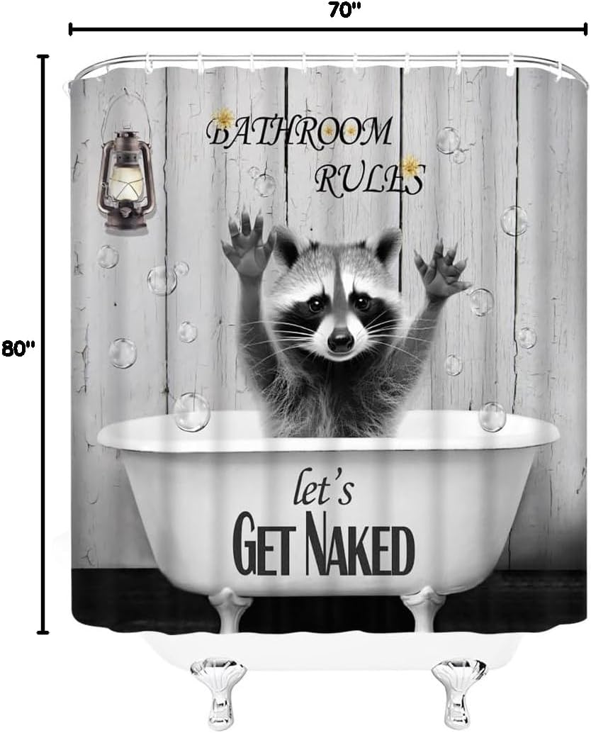 Funny Raccoon Shower Curtain Lovely Animals in Bathtub Bubble Yellow Floral Rustic Wooden Board Wildlife Bathroom Decor Fabric Curtains with Hook 80Wx70H Inches