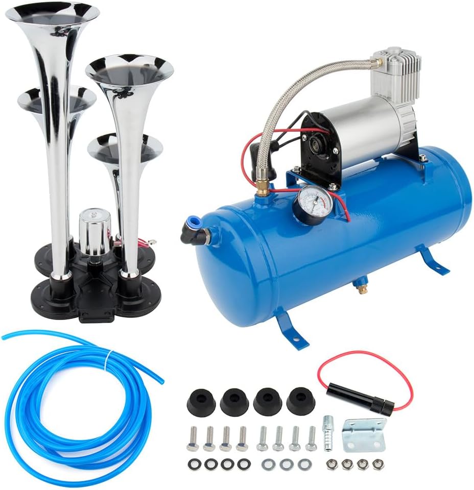 STAYTOP 150dB Train Horns Super Loud 4 Trumpet Electric Train Car Air Horn 120PSI Air Compressor 1.5 Gal Air Tank Full System Kit for 12V Vehicles Blue