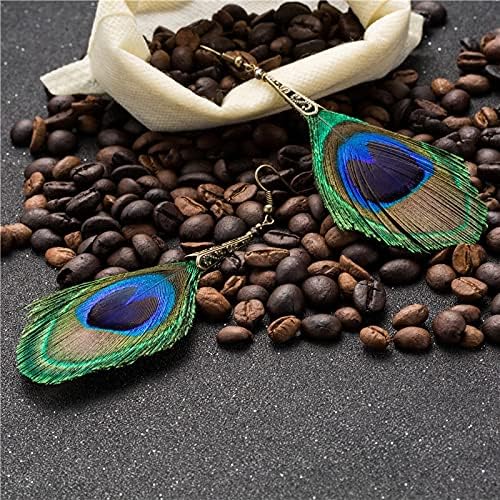 Vista 5 de DQH - Pendientes de gota para mujer, grandes, largos, naturales, de plumas de pavo real, bohemio, étnico, a la moda, colgantes, para boda, fiesta
