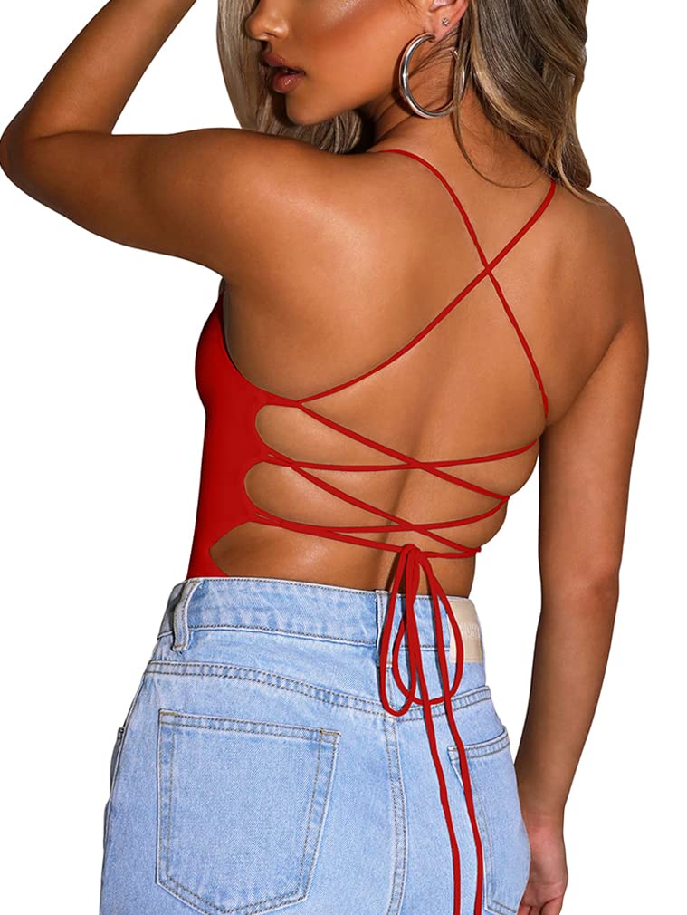 ymduch Women's Sexy Sleeveless Criss Cross Backless Cami Bodycon Bodysuit Tops-picture-10