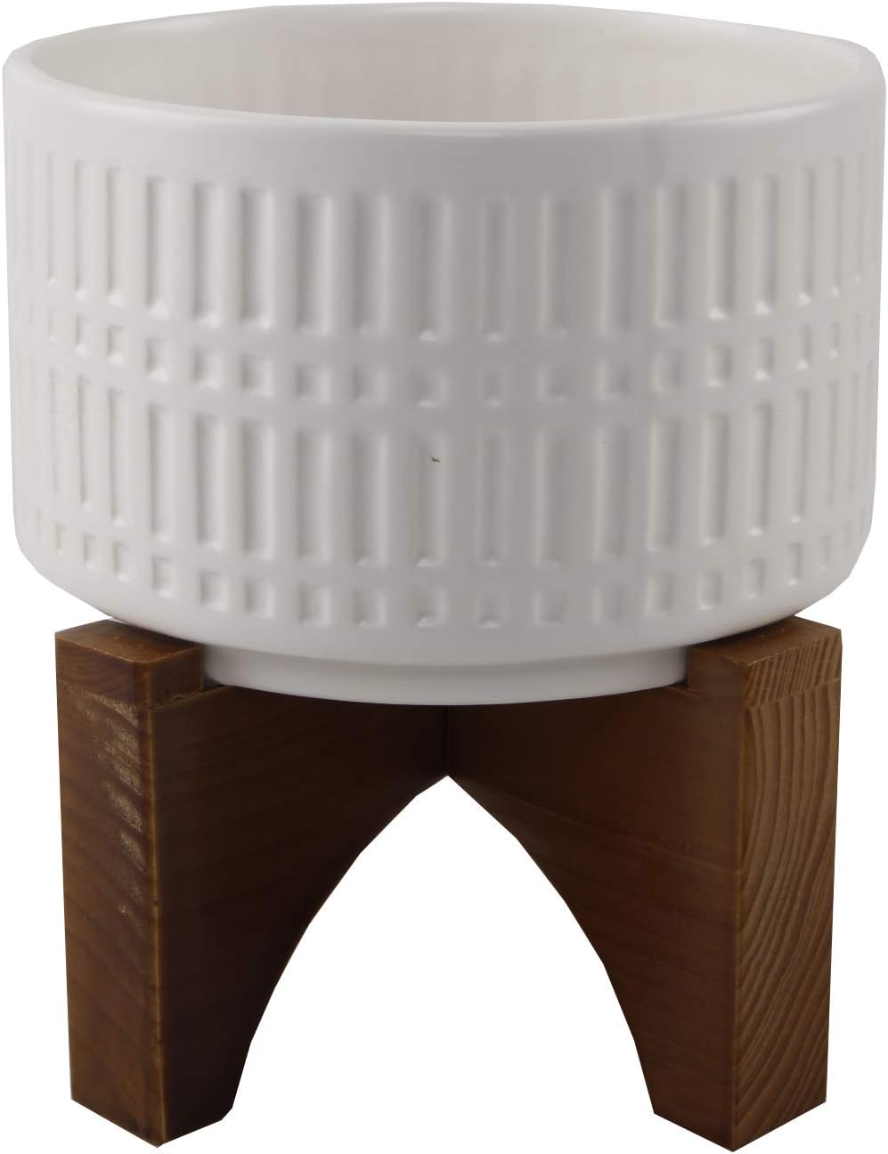 Flora Bunda Mid Century 7 Inch White Roman Texture Ceramic Planter on Wood Stand Mid-Century, White Roman 7"