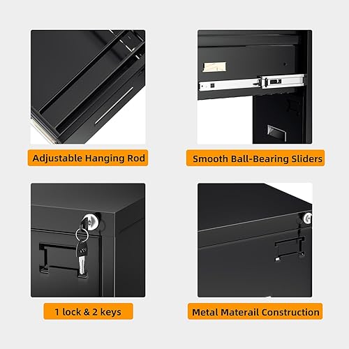 Vista 54 de INTERGREAT Archivador vertical de 4 cajones, archivador de metal negro con cerradura, armarios altos con cerradura con 4 marcos ajustables