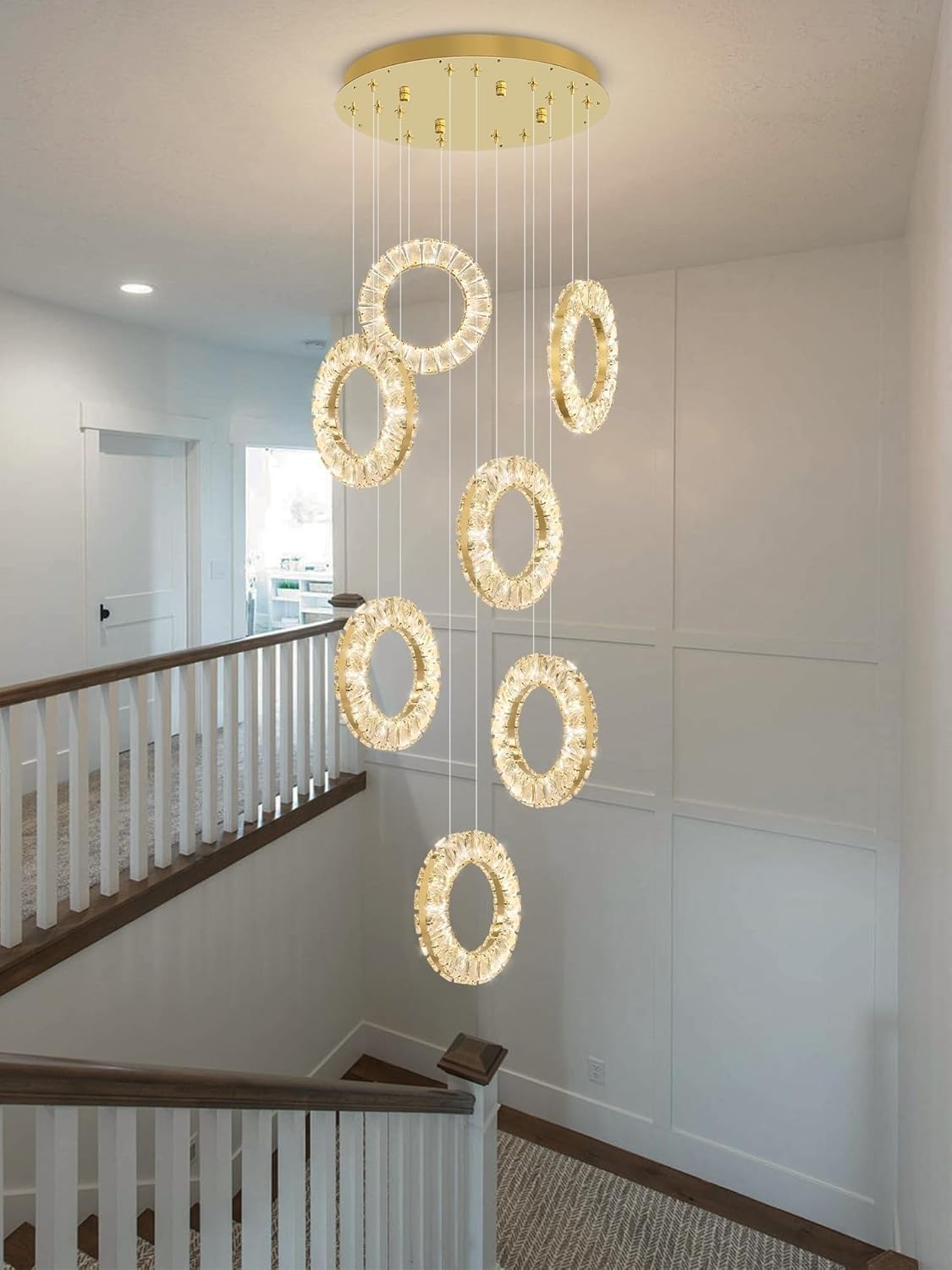 Lysdjia Gold Modern Crystal Chandelier 10 Ring Long Staircase Pendant Light Led Living Room Ceiling Lamp With Remote Control High Ceiling Foyer Hanging Lamp Stainless Steel Ring Light Fixture For Restauran