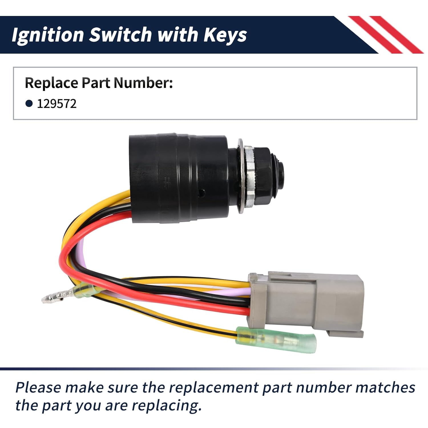 129572 Ignition Switch with 2 Keys 3 Position 6 Wire Connectors Compatible with Tracker Boats