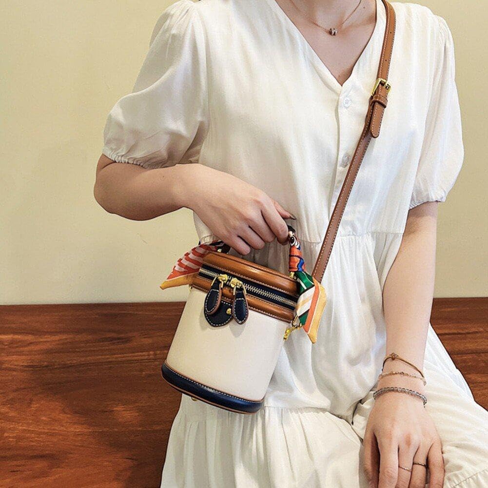 Retro Bucket Bag Female PU Leather Color Contrast Cylinder Shoulder Round Bag Handle Handbag Purse - Image 2