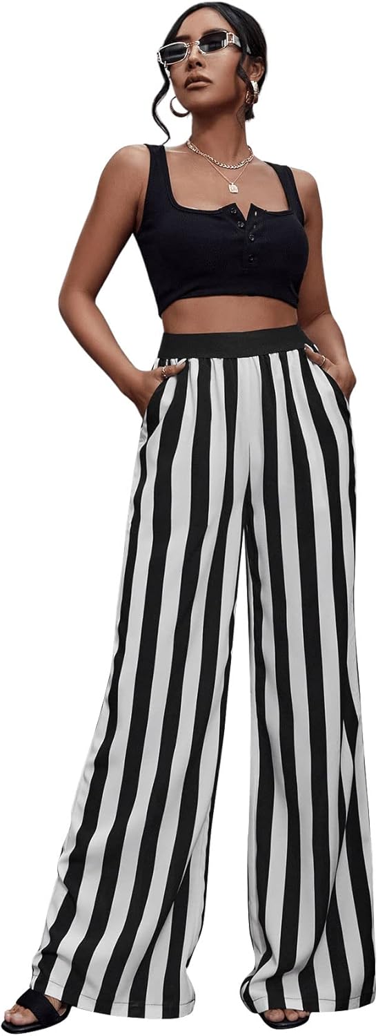 SweatyRocks Women's Striped Extra Long High Waited Wide Leg Pants Loose Casual Trousers with Pockets - Image 5