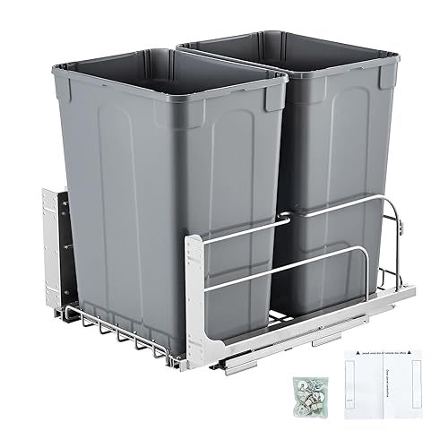 Miniatura 11 de VEVOR Cubo de basura extraíble, 50 QT x2 contenedor de residuos doble de montaje bajo gabinete de cocina, papelera de reciclaje resistente con kit