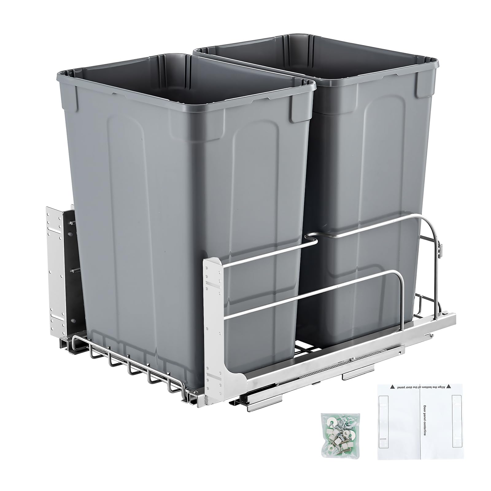 VEVOR ausziehbarer Abfallbehälter (35 Qt x2), doppelter Unterbau-Küchenabfallbehälter, Mülleimer mit Türsatz & Soft-Close-Schieberegler, für Küchenschrank Spüle unter der Theke (grau)